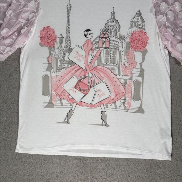Love and Lace Women’s Size M Parisian Graphic T-Shirt Pink Puff Organza‎ Sleeves - Picture 2 of 14